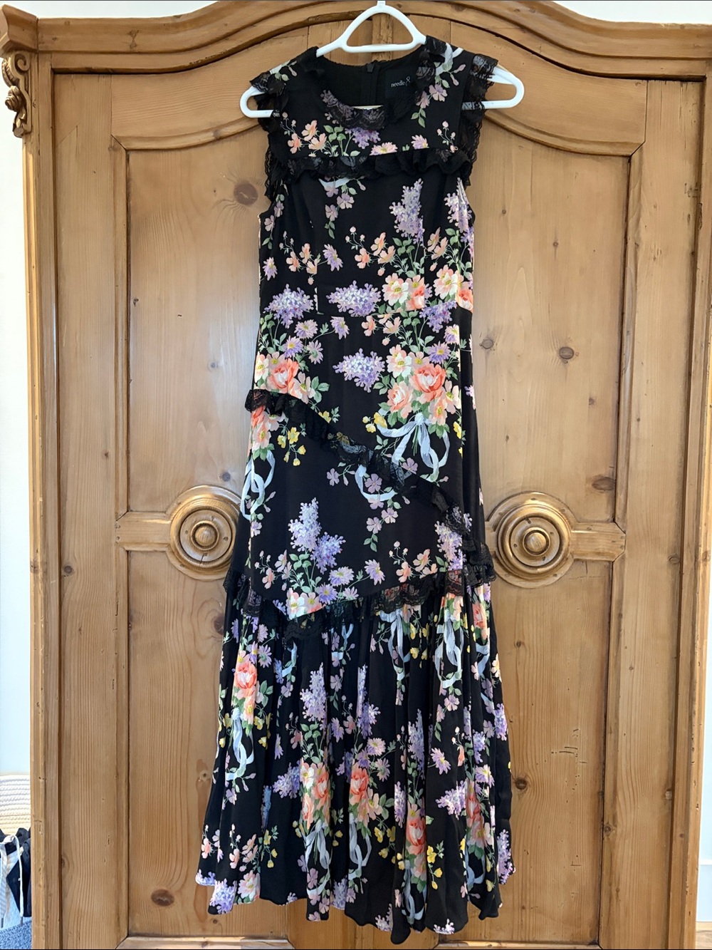 Needle & Thread Black Maxi Dress with Pink, Purple & Green Floral Print